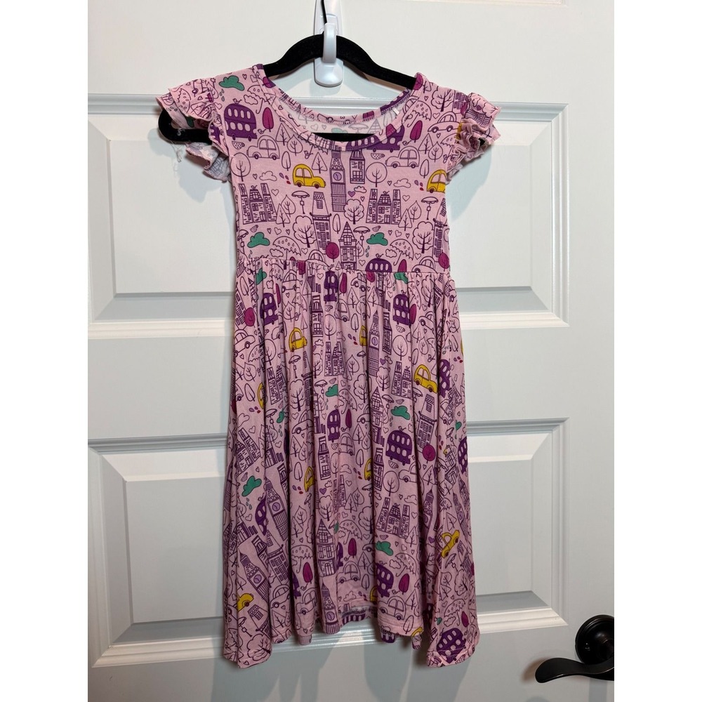 Dream Jamms Girls Pink London City Bamboo Flutter Sleeve Twirl Dress 4T
